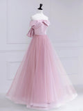 Pink Satin Tulle Long Prom Dress, Pink Off Shoulder Evening Dress HZ0429