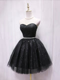 Black Strapless Tulle Knee Length Prom Dress, Black A-Line Sweetheart Party Dress HZ0429