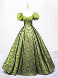 Green Printed Pattern Floor Length Prom Dress, Elegant Off the Shoulder Formal Dress HZ0429