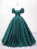 Dark Green Printed Pattern Floor Length Prom Dress, Elegant Off the Shoulder Formal Dress HZ0429