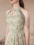 Cute Tulle Flower Floor Length Green Prom Dress, Beautiful Backless A-Line Evening Party Dress HZ0429