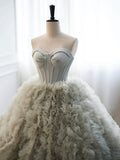 Gray Strapless Tulle Long Prom Dress, Beautiful A-Line Sweetheart Neck Formal Evening Dress HZ0429