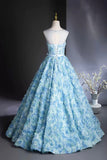 Blue Rose Flower Long Prom Dress, Blue A-Line Evening Party Dress HZ0429