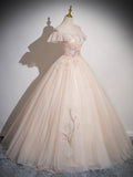 Champagne Tulle Floor Length Prom Dress, Off the Shoulder Evening Party Dress HZ0429