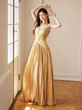 Unique Spaghetti Straps Satin Long Prom Dress, Gold V-Neck Backless Evening Party Dress HZ0429