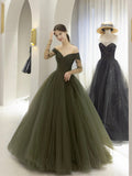 Green Tulle Long A-Line Prom Dress, Off the Shoulder Long Sleeve Tulle Party Dress HZ0429