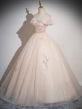 Champagne Tulle Floor Length Prom Dress, Off the Shoulder Evening Party Dress HZ0429