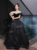 Black Velvet and Tulle Long Party Dress, Black A-Line Evening Dress Party Dress HZ0429