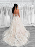 Champagne Tulle Lace Long Prom Dress, Elegant Strapless Formal Party Dress HZ0429