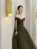 Green Tulle Long A-Line Prom Dress, Off the Shoulder Long Sleeve Tulle Party Dress HZ0429