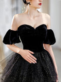Black Velvet and Tulle Layers Long Formal Dress, Black Sweetheart Neck Evening Party Dress HZ0429