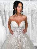 Champagne Tulle Lace Long Prom Dress, Elegant Strapless Formal Party Dress HZ0429