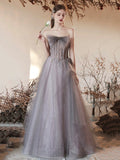 Gray Tulle Beaded Long Prom Dress, Beautiful Off the Shoulder Evening Party Dress HZ0429