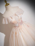 Champagne Tulle Floor Length Prom Dress, Off the Shoulder Evening Party Dress HZ0429