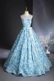 Blue Rose Flower Long Prom Dress, Blue A-Line Evening Party Dress HZ0429