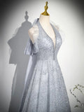 Elegant V-Neck Tulle Sequins Long Prom Dress, Gray A-Line Backless Party Dress HZ0429