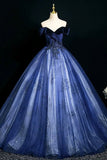 Blue Velvet and Tulle Long Formal Dress, Beautiful Off the Shoulder Prom Party Dress HZ0429