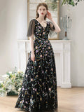 Black V-Neck Tulle Sequins Long Prom Dress, Black A-Line Evening Party Dress HZ0429