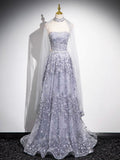Shiny Tulle Sequins Floor Length Prom Dress,  Gray A-Line Evening Party Dress HZ0429