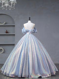 Blue Tulle Sequins Long Formal Dress, Off the Shoulder Princess Dress Sweet 16 Dress HZ0429