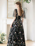Black V-Neck Tulle Sequins Long Prom Dress, Black A-Line Evening Party Dress HZ0429