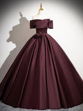 Dark Burgundy Satin Long Prom Dress, Elegant A-Line Off the Shoulder Evening Party Dress HZ0429