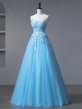 Blue Spaghetti Strap Tulle Floor Length Prom Dress, Blue A-Line Party Dress HZ0429
