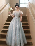 Cute Tulle Lace Long Prom Dress, Light Blue Tulle Off Shoulder Evening Dress HZ0429