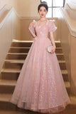 Beautiful Tulle Flowers Floor Length Prom Dress, Pink/White A-Line Evening Party Dress HZ0429