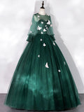 Dark Green Tulle Floor Length Prom Dress with Butterfly Appliques, A-Line Long Sleeve Evening Party Dress HZ0429