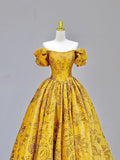 Yellow Printed Pattern Floor Length Prom Dress, Elegant Off the Shoulder Formal Dress HZ0429