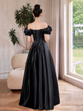 Black Satin Long A-Line Prom Dress, Black Off the Shoulder Formal Evening Dress HZ0429