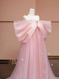 Candy Pink Bow Floor Length Prom Dress, Lovely A-Line Princess Off the Shoulder Formal Dress HZ0429