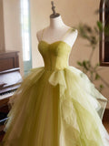 Beautiful Green Ruffle A-Line Prom Dresses, Spaghetti Straps Backless Formal Dresses HZ0429