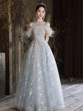 Cute Tulle Lace Long Prom Dress, Light Blue Tulle Off Shoulder Evening Dress HZ0429