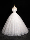 White Tulle Flowers Long A-Line Formal Dresses, Beautiful Off the Shoulder Sweet 16 Formal Dresses HZ0429