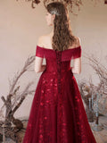 Burgundy Tulle Sequins Floor Length Prom Dress, Off the Shoulder Evening Party Dress HZ0429