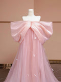 Candy Pink Bow Floor Length Prom Dress, Lovely A-Line Princess Off the Shoulder Formal Dress HZ0429