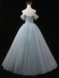 Dusty Blue Tulle Beaded Long Prom Dress, Off the Shoulder A-Line Evening Party Dress HZ0429