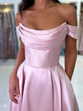 A-Line Satin Long Prom Dress, Simple Off the Shoulder Evening Party Dress HZ0429