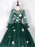 Dark Green Tulle Floor Length Prom Dress with Butterfly Appliques, A-Line Long Sleeve Evening Party Dress HZ0429
