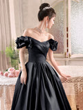 Black Satin Long A-Line Prom Dress, Black Off the Shoulder Formal Evening Dress HZ0429