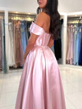 A-Line Satin Long Prom Dress, Simple Off the Shoulder Evening Party Dress HZ0429