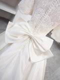 Beautiful Sweetheart Neck Satin Long Prom Dress with Detachable Lace Top, White Formal Wedding  Dress HZ0429