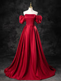 Burgundy Satin Off the Shoulder Formal Dress, A-Line Burgundy Evening Dress HZ0429