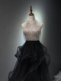 Black Tulle and Sequins Long Prom Dress, A-Line Halter Neck Evening Party Dress HZ0429