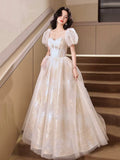Champagne Off the Shoulder Long Prom Dress, Beautiful A-Line Evening Party Dress HZ0429