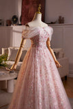 Pink Flower Fairy Tulle Long Prom Dress, Beautiful Off the Shoulder Party Dress HZ0429