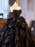 Beautiful Black Cascading Ruffles Prom Dress, Black Strapless Long Formal Dress HZ0429