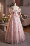 Pink Flower Fairy Tulle Long Prom Dress, Beautiful Off the Shoulder Party Dress HZ0429